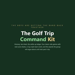 May include: A dark green informational graphic with white and light green text reading: THE BOYS ARE GETTING THE BAND BACK TOGETHER, The Golf Trip Command Kit, Itinerary, tee sheet, the settle-up ledger, four classic side games with real score sheets.