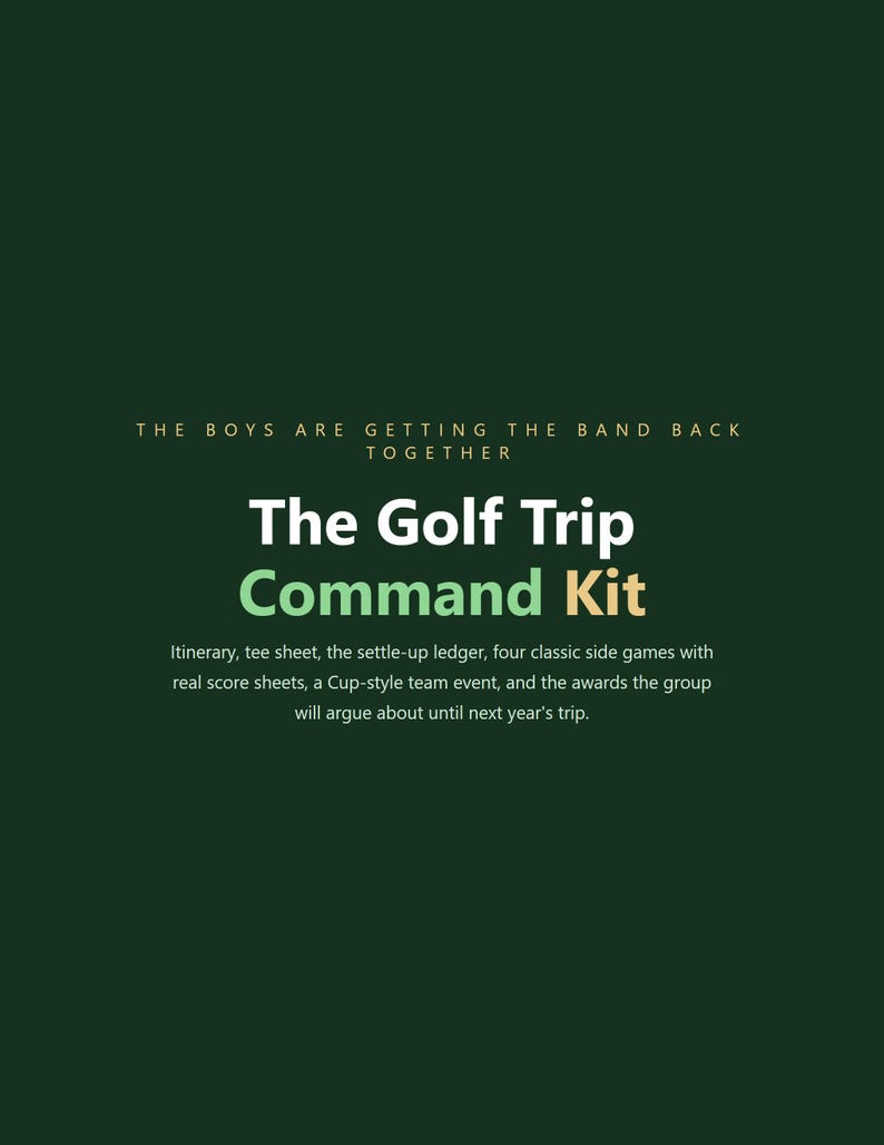 May include: A dark green informational graphic with white and light green text reading: THE BOYS ARE GETTING THE BAND BACK TOGETHER, The Golf Trip Command Kit, Itinerary, tee sheet, the settle-up ledger, four classic side games with real score sheets.