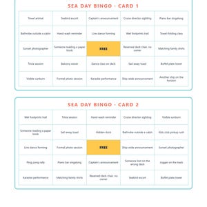 Puede incluir: Una hoja de juego Sea Day Bingo con dos tarjetas de cuadr&iacute;cula 5x5 distintas etiquetadas como Card 1 y Card 2. Cada cuadr&iacute;cula contiene varias actividades tem&aacute;ticas de cruceros en celdas, con un cuadrado amarillo central marcado FREE.