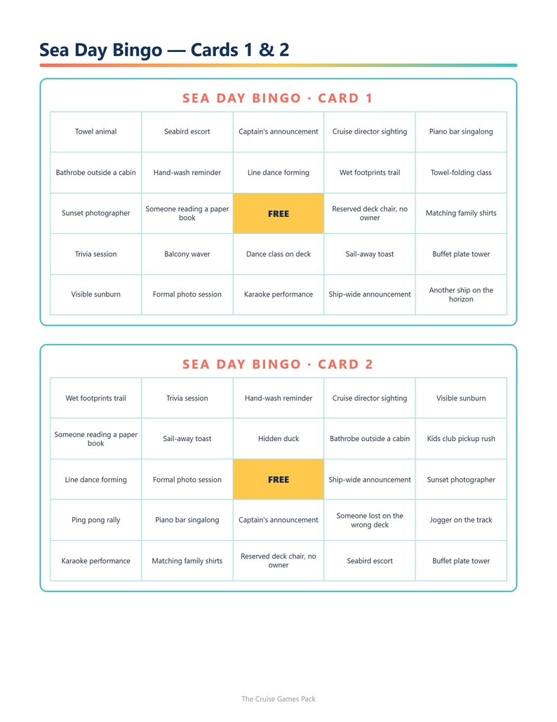 Puede incluir: Una hoja de juego Sea Day Bingo con dos tarjetas de cuadr&iacute;cula 5x5 distintas etiquetadas como Card 1 y Card 2. Cada cuadr&iacute;cula contiene varias actividades tem&aacute;ticas de cruceros en celdas, con un cuadrado amarillo central marcado FREE.