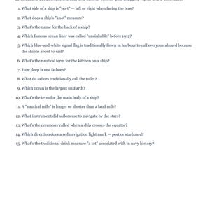 May include: A printed trivia sheet titled Night-at-Sea Trivia featuring 15 numbered questions about ships, the sea, and sailing. The text is black on a white background with a thin gold horizontal line under the title and Cruise White Night Party Kit at the bottom.