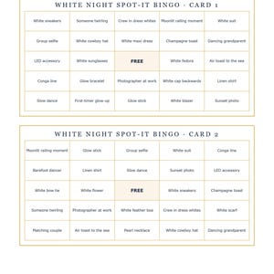 May include: Two White Night Spot-It Bingo cards labeled 1 and 2, each featuring a 5x5 grid of text prompts related to a white-themed party. The cards include items like white sneakers, a white suit, a glow stick, and a champagne toast.