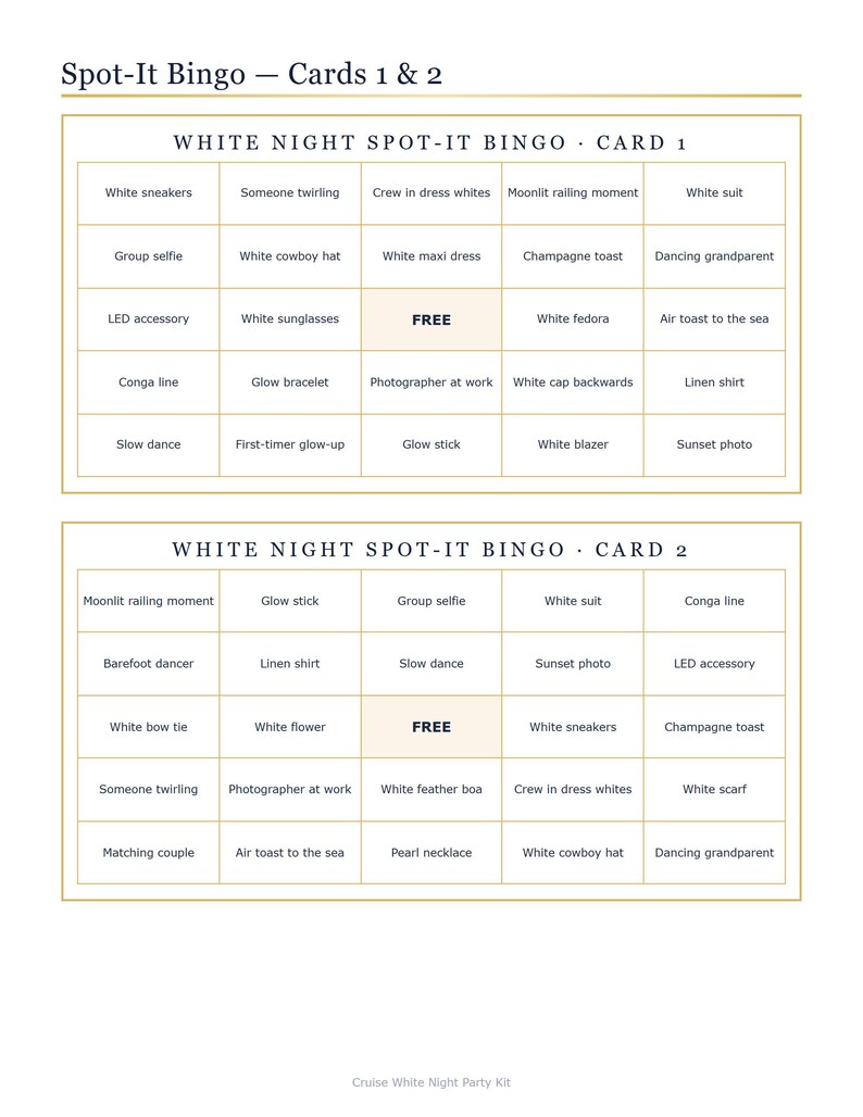May include: Two White Night Spot-It Bingo cards labeled 1 and 2, each featuring a 5x5 grid of text prompts related to a white-themed party. The cards include items like white sneakers, a white suit, a glow stick, and a champagne toast.