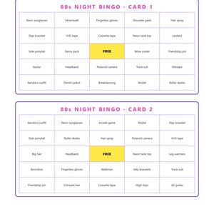 May include: Two 80s Night Bingo cards with a white background and purple borders. Each card features a 5x5 grid with text items like Neon sunglasses, Moonwalk, and a yellow centre square labelled FREE. The header reads Bingo Cards 1 & 2.