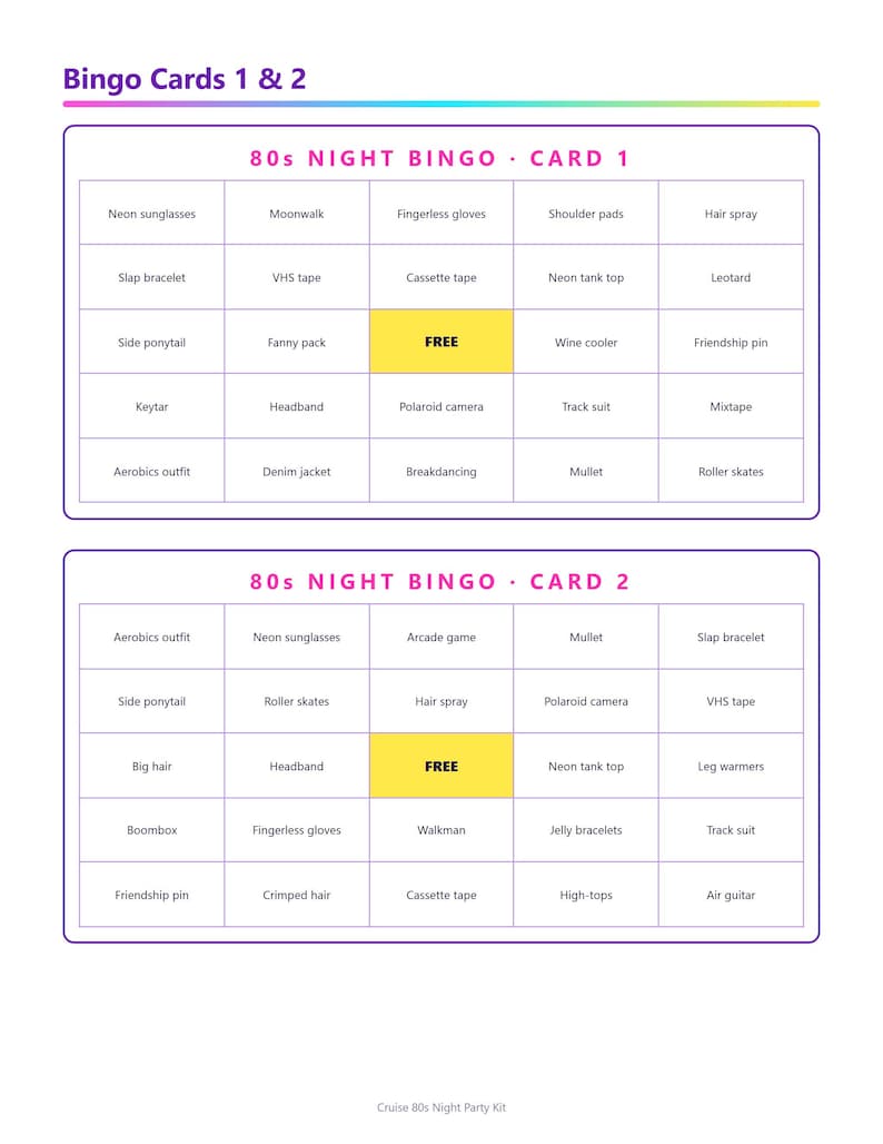 May include: Two 80s Night Bingo cards with a white background and purple borders. Each card features a 5x5 grid with text items like Neon sunglasses, Moonwalk, and a yellow centre square labelled FREE. The header reads Bingo Cards 1 & 2.