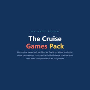 Puede incluir: Un paquete de juegos digital azul oscuro titulado The Cruise Games Pack, con el texto Sea Days, Solved. Incluye cinco juegos: Sea Day Bingo, Would You Rather at sea, dos b&uacute;squedas del tesoro, el Cabin Challenge, una hoja de puntuaci&oacute;n y certificado.