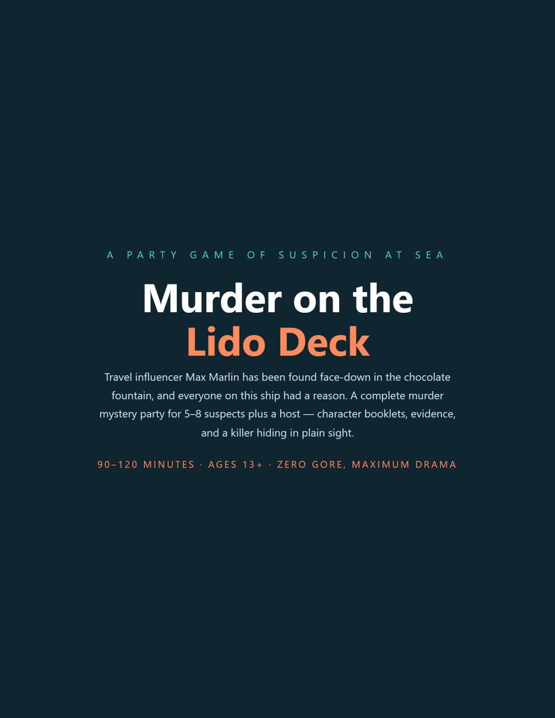 May include: A dark blue game box cover titled Murder on the Lido Deck, A Party Game of Suspicion at Sea. The text describes a murder mystery for 5-8 suspects plus a host, featuring character booklets and evidence. It notes 90-120 minutes, ages 13+.