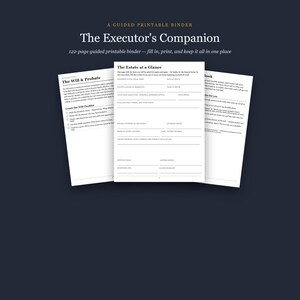 May include: A 122-page guided printable binder titled The Executor's Companion, featuring white pages with black text. The visible sheets include sections titled The Will & Probate, The Estate at a Glance, and a checklist for estate management.