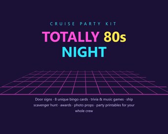 Kit para fiesta nocturna de los 80 en crucero / Paquete imprimible para noche temática / Letreros para puertas, bingo, trivia, búsqueda del tesoro, premios / Juegos grupales para cruceros + Etiquetas de pato