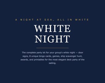 Kit para fiesta de Noche Blanca en crucero / Paquete imprimible para fiesta blanca / Letreros para puertas, bingo, trivia, búsqueda del tesoro, premios / Juegos grupales para cruceros + Etiquetas de pato
