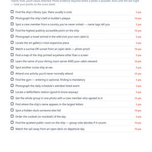 Puede incluir: Una lista de b&uacute;squeda del tesoro en papel blanco titulada The Ship Hunt &mdash; All Cruise Long. Presenta veinte tareas con valores de 5 a 15 puntos, cada una precedida por una casilla de verificaci&oacute;n. La parte inferior incluye el texto The Cruise Games Pack.