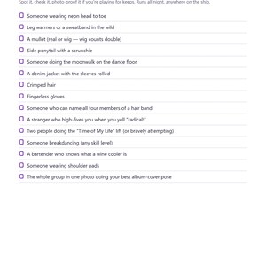 May include: A white paper scavenger hunt list titled 80s Night Ship Scavenger Hunt with a colourful gradient line underneath. The list contains fifteen checkboxes followed by text prompts related to 1980s fashion, dance moves, and pop culture references.