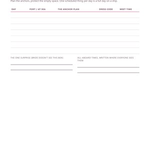 May include: A white itinerary planner page with black text and pink horizontal lines. The header reads The Itinerary, followed by columns for Day, Port / At Sea, The Anchor Plan, Dress Code, and Meet Time. Includes sections for surprises and all-aboard times.