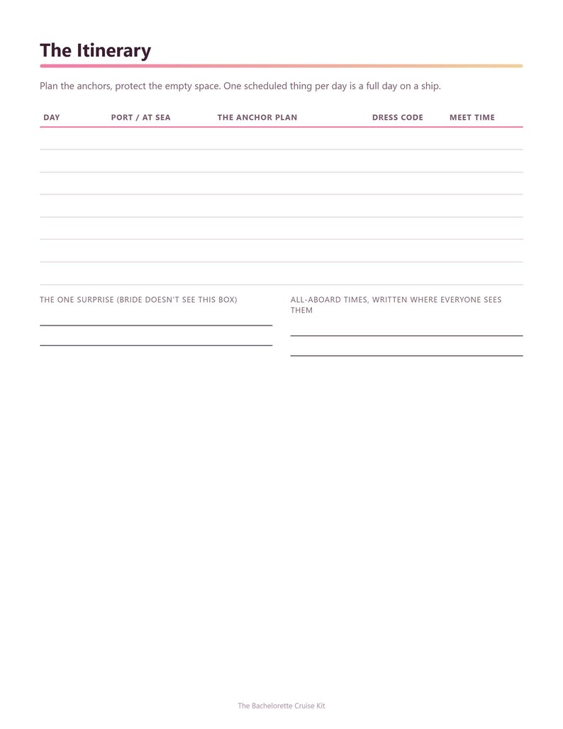 May include: A white itinerary planner page with black text and pink horizontal lines. The header reads The Itinerary, followed by columns for Day, Port / At Sea, The Anchor Plan, Dress Code, and Meet Time. Includes sections for surprises and all-aboard times.