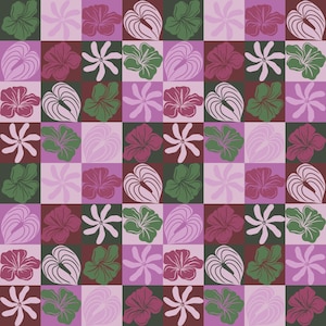 May include: A repeating grid pattern featuring alternating squares of dark green, light purple, and dark purple. Each square contains a stylized floral or leaf illustration in contrasting shades of pink, light purple, or dark green.