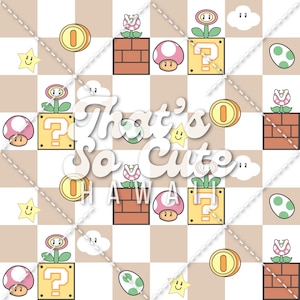 May include: A repeating pattern on a beige and white checkered background featuring video game icons including yellow question mark blocks, pink mushrooms, green piranha plants, gold coins, yellow stars, white clouds, and green spotted eggs.