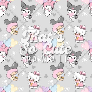 May include: A light gray fabric pattern featuring Hello Kitty, Kuromi, and Little Twin Stars characters with ice cream cones, stars, and balloons. The text That's So Cute HAWAII is overlaid in white across the center of the repeating character design.