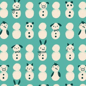 May include: A teal fabric featuring a repeating pattern of off-white, two-part pom-pom figures. The figures are stylized as various animals including rabbits, pigs, pandas, penguins, dogs, and cats, all accented with dark charcoal line details.