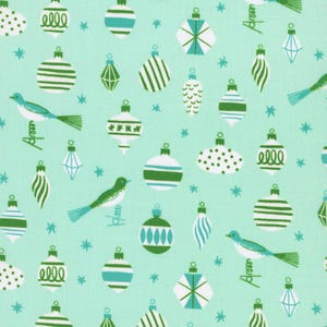 May include: A light mint green fabric featuring a repeating pattern of various Christmas ornaments in shades of dark green, teal, and white, interspersed with small teal star shapes and stylized birds perched on thin, dark green wire-like lines.