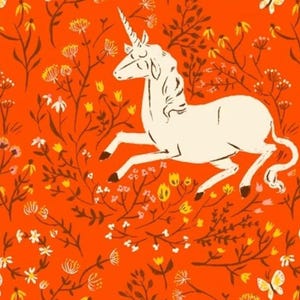May include: A vibrant orange fabric featuring a repeating pattern of a white unicorn with a single horn, surrounded by stylized brown and yellow wildflowers and small white butterflies scattered throughout the design.