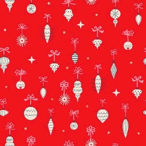 May include: A vibrant red fabric featuring a repeating pattern of off-white Christmas ornaments in various shapes, including spheres, teardrops, and finials, each suspended by a delicate bow, interspersed with small four-pointed stars.