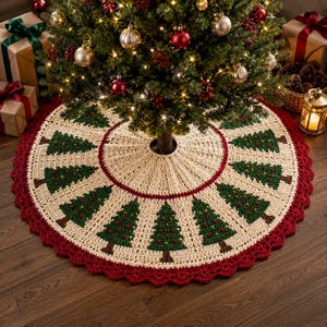 May include: A round, crocheted Christmas tree skirt featuring a cream-colored base with a repeating pattern of green pine trees with brown trunks and small red accents. The skirt has a deep red scalloped border and a central opening for the tree.