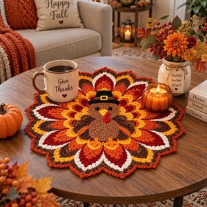 Puede incluir: Un tapete de mesa redondo tejido a ganchillo con temática de pavo, que presenta una figura central de pavo marrón con un sombrero de peregrino negro, rodeado por capas de formas de pétalos en tonos rojo, naranja, amarillo, marrón y blanco.