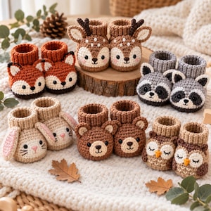 May include: A collection of six pairs of handmade crochet baby booties featuring animal designs including a fox, deer, raccoon, rabbit, bear, and owl. Each pair is crafted with yarn in various colors and textures, showcasing detailed facial features and ears.