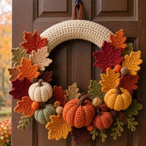 Puede incluir: Una corona circular de ganchillo con una base beige adornada con varias hojas de otoño tejidas en tonos rojo, naranja, amarillo y verde. El arreglo incluye varias calabazas y bellotas pequeñas tejidas en colores otoñales a juego.