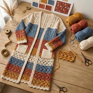 May include: A long-sleeved crochet cardigan featuring horizontal stripes in cream, dusty blue, terracotta, and mustard yellow. The garment has an open front, two patch pockets, and a scalloped hem. It is displayed with yarn balls, scissors, and a crochet hook.