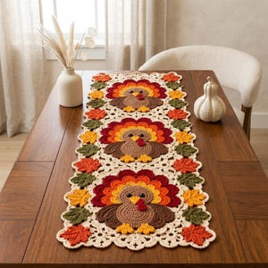 May include: A rectangular crochet table runner featuring three brown turkey motifs with colorful red, orange, and yellow fan-shaped tail feathers. The runner is bordered by crocheted autumn leaves in shades of green, orange, and yellow on a cream base.