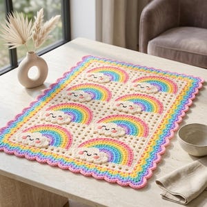 May include: A rectangular crochet blanket featuring a repeating pattern of smiling white clouds and vibrant multi-colored rainbows. The blanket is bordered by a scalloped edge in shades of pink, yellow, and blue, creating a cheerful and soft textile design.
