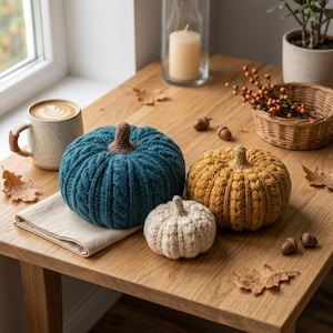 May include: Three handmade crochet pumpkins in teal, mustard yellow, and cream, each featuring a textured cable knit pattern and a small brown stem. The pumpkins are arranged on a wooden surface alongside a ceramic mug and scattered leaves.