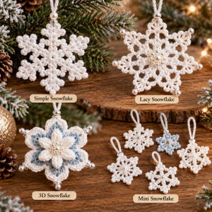 May include: A collection of crocheted snowflake ornaments in white and light blue, featuring intricate patterns, pearl-like beads, and hanging loops. Labels identify them as Simple Snowflake, Lacy Snowflake, 3D Snowflake, and Mini Snowflake.
