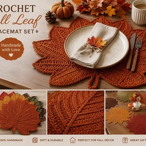 Op de afbeelding: Een set gehaakte placemats in de vorm van herfstbladeren in tinten oranje, geel, bruin en groen. De placemats hebben een gestructureerd patroon van bladnerven. Tekst op de afbeelding bevat "CROCHET Fall Leaf PLACEMAT SET" en "Handmade with Love".