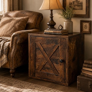 May include: A square wooden end table with a dark brown distressed finish, featuring a single cabinet door with an X-shaped brace design and a small black round knob. The table has a flat top surface and a sturdy, boxy construction.