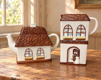 Vintage 1985 Ron Gordon Designs Cottage Teapot Sugar Bowl Creamer Set, Whimsical Ceramic House Kitchen Decor, Cottagecore Collectible