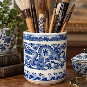 May include: A cylindrical ceramic brush holder featuring a blue and white dragon motif amidst clouds and waves. The holder contains several calligraphy brushes with varying bristle types, including light, dark, and mixed-tone natural hair fibers.