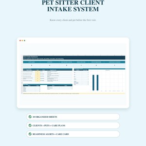 May include: A digital pet sitter client intake system workbook featuring a dashboard with data tables and charts. The interface includes sections for client records, pet profiles, and care plans. Text includes BluePaw Ops, Pet Business Tools, and 10 Organized Sheets.