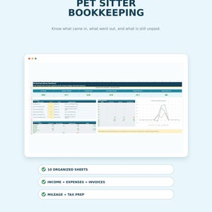 May include: A digital bookkeeping spreadsheet for pet sitters titled BluePaw Ops Pet Sitter Bookkeeping. It features a dashboard with financial data, income, expenses, invoices, mileage, and tax prep tools. The layout includes charts and tables.
