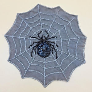 Vintage Beaded Spider Web Doily Halloween Black Sequin Spider Applique 6.75 in
