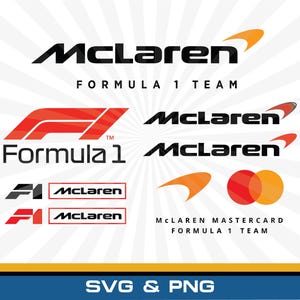 May include: A collection of McLaren Formula 1 Team logos in black, red, and orange. The image displays various versions of the McLaren wordmark, the Formula 1 logo, and a combined McLaren Mastercard Formula 1 Team graphic with text.