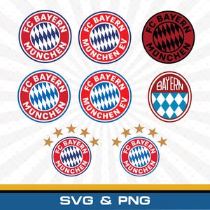 Könnte beinhalten: Eine Sammlung von acht kreisförmigen FC Bayern München Logos in verschiedenen Stilen, darunter rot-weiß-blaue Rautenmuster, einige mit Text, einige mit Sternen und eines in einem dunklen Rot-Schwarz-Farbschema, alle beschriftet mit SVG & PNG.