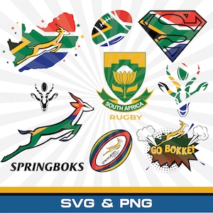 Puede incluir: Una colección de gráficos con temática de rugby sudafricano que incluye un springbok saltando, un balón de rugby, un escudo con una flor de protea, un logotipo estilo Superman y textos que dicen Springboks y Go Bokke en varios colores.