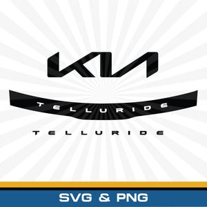 Op de afbeelding: Een zwart grafisch ontwerp met het Kia-logo bovenaan, gevolgd door een gebogen zwarte banner met het woord TELLURIDE in witte hoofdletters, waarbij het woord TELLURIDE eronder wordt herhaald in een kleiner, eenvoudig zwart lettertype.