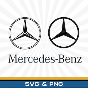 Può includere: Due loghi neri Mercedes-Benz, uno con un cerchio a doppia linea e uno con un cerchio pieno, posizionati sopra il testo Mercedes-Benz in carattere serif, con il testo SVG & PNG visualizzato in basso su uno sfondo bianco a raggiera.