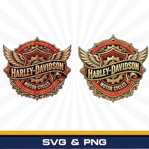 May include: Two identical Harley-Davidson Motor Cycles emblems featuring a central gear and shield design, flanked by stylised wings. The circular badges are rendered in shades of red, gold, and black, with the text Harley-Davidson across a banner.