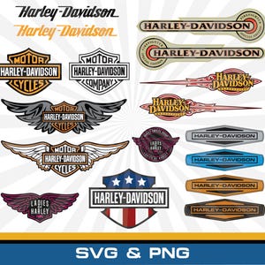 May include: A collection of Harley-Davidson graphic logos and emblems in various styles, including shield shapes, winged designs, and horizontal bars. The graphics feature the text Harley-Davidson, Ladies of Harley, and Firefighter Special Edition.