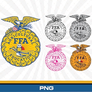 May include: A collection of five FFA emblems featuring an eagle, a shield, an owl, a plow, and a rising sun. The designs include one large full-color version and four smaller variations in black, gray, pink, and orange, all labeled Agricultural Education.