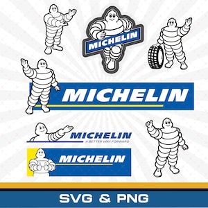 Puede incluir: Una colección de gráficos de la marca Michelin que presenta al personaje blanco Michelin Man en varias poses, incluyendo de pie, saludando y sosteniendo un neumático, junto a pancartas rectangulares azules y amarillas con el logotipo de texto blanco.